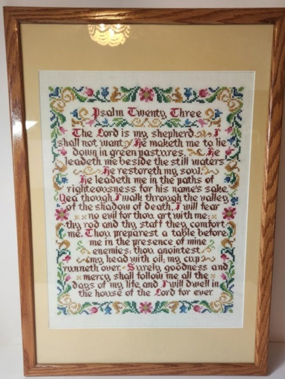 Vintage Large Psalm 23 Cross Stitch Framed Wall Art Religious Sampler Oak 17x25